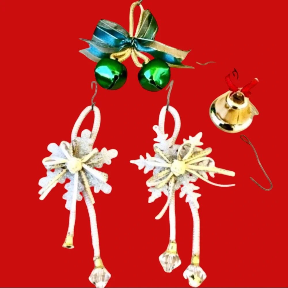 Vintage Taiwan Christmas Ornaments Bells & Snowflakes Lot of 4